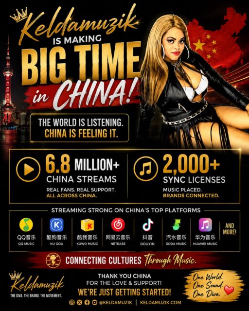 Man… I’m just sitting back looking at these numbers like WOW. 6.8 MILLION+ streams in China and 2,000+ sync licenses! 🇨🇳
I’ve been doing this music thing for a long time, so seeing my music reach people all the way across the world really means something to me.
China, thank you for rocking with Keldamuzik! Y’all listening, and trust me… the Diva sees you!
We just getting started.
One world. One sound. One Diva.