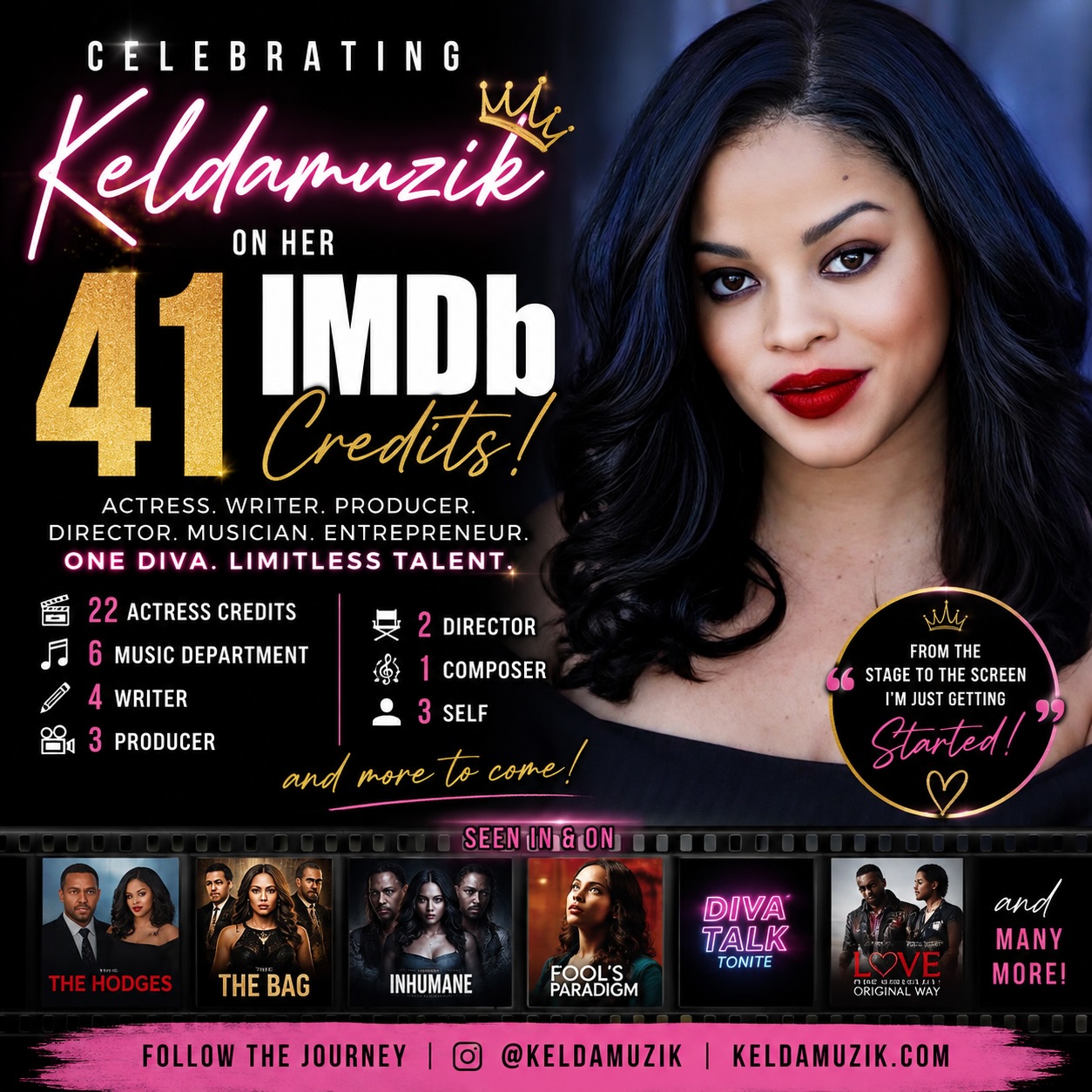 It ain’t much, but it’s a great start! 🎬✨
Seeing 41 IMDb credits next to my name is a reminder that every role, every opportunity, and every small step counts. I’m grateful for everyone who has believed in me and allowed me to be a part of their projects.
Still learning, still growing, and still working. 🙏🏽💗
Here’s to 41 and many more to come! 🎥✨
— Keldamuzik